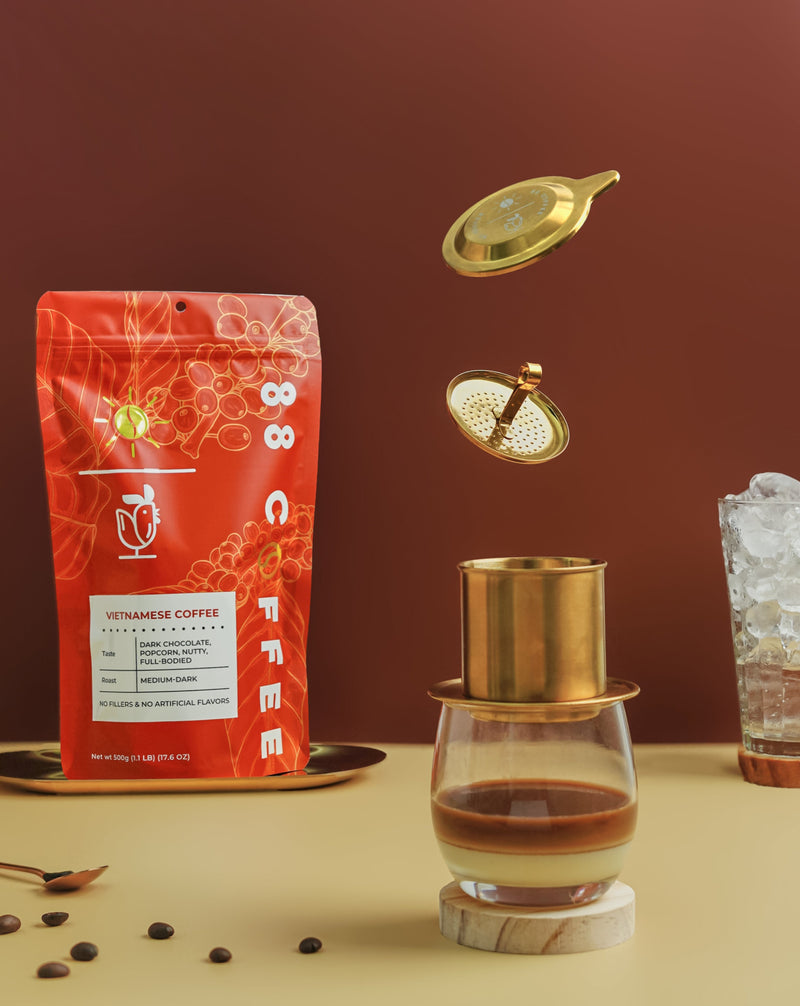 88 coffee company iced authentic vietnamese coffee condense milk beans red bag floating gold stainless steel vietnam phin filter concept studio behance