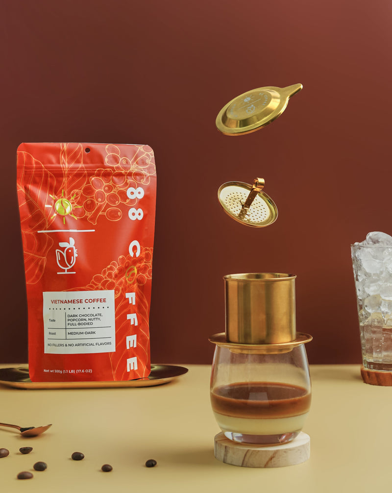 88 coffee company iced authentic vietnamese coffee condense milk beans red bag floating gold stainless steel vietnam phin filter robusta ground big bag