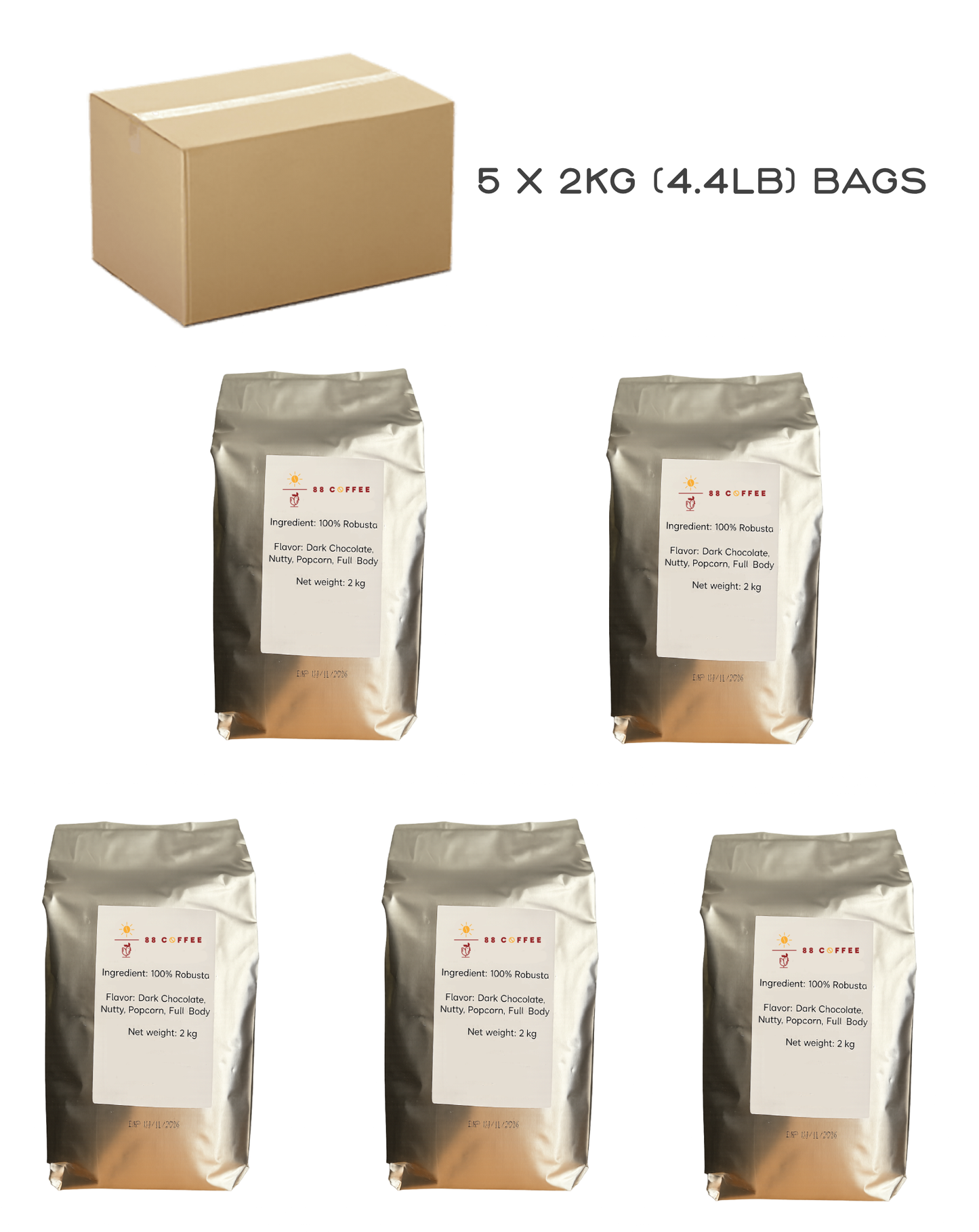 (1 case of 5 bags) Vietnamese Robusta Whole/Ground Bean 2kg (4.4 Lbs) bag